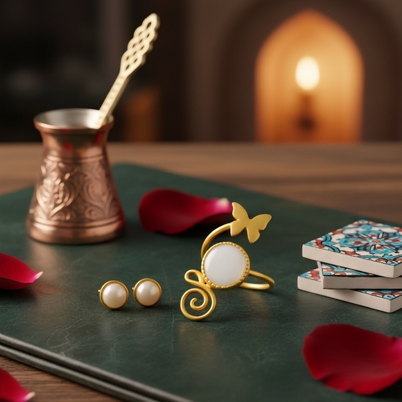 ποΈTurkish Artisan 24K Gold Plated & Pearl Ring + Earrings Set π Adjustable - Picture 13 of 13